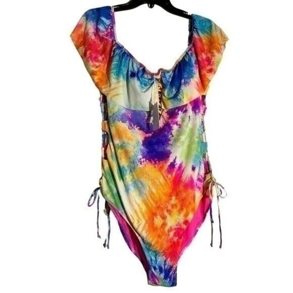 New Coastal Waves Plus Tie Dye Ruffle Off-the-Shoulder Swimsuit‌‌‌ - Picture 1 of 13